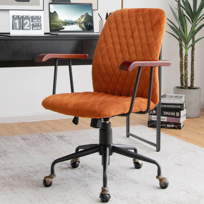 Velvet Home Office Chair with Wooden Armrest Orange, Orange Leisure Chairs   at Gallery Canada