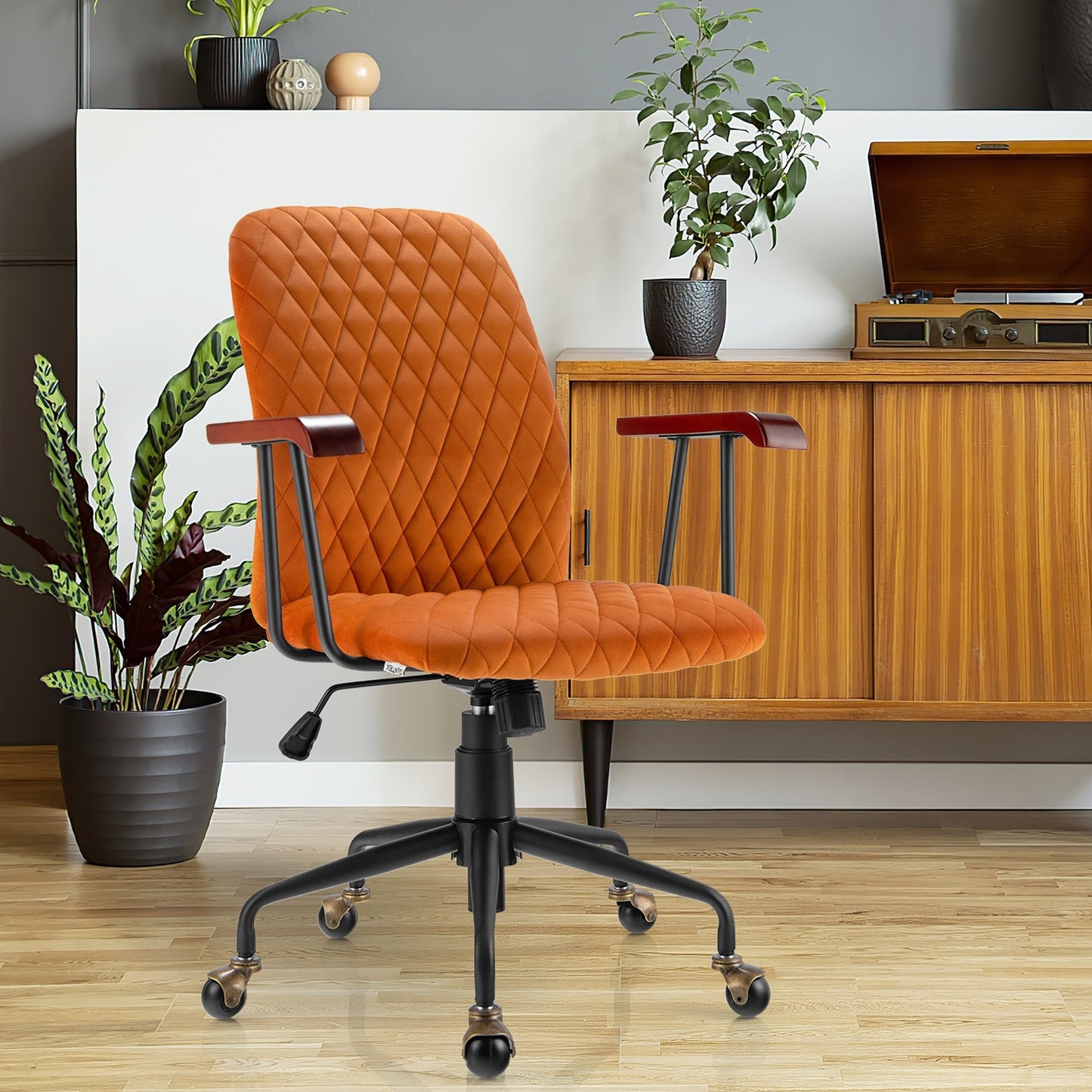 Velvet Home Office Chair with Wooden Armrest Orange, Orange Leisure Chairs   at Gallery Canada