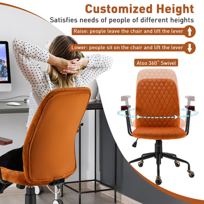 Velvet Home Office Chair with Wooden Armrest Orange, Orange Leisure Chairs   at Gallery Canada