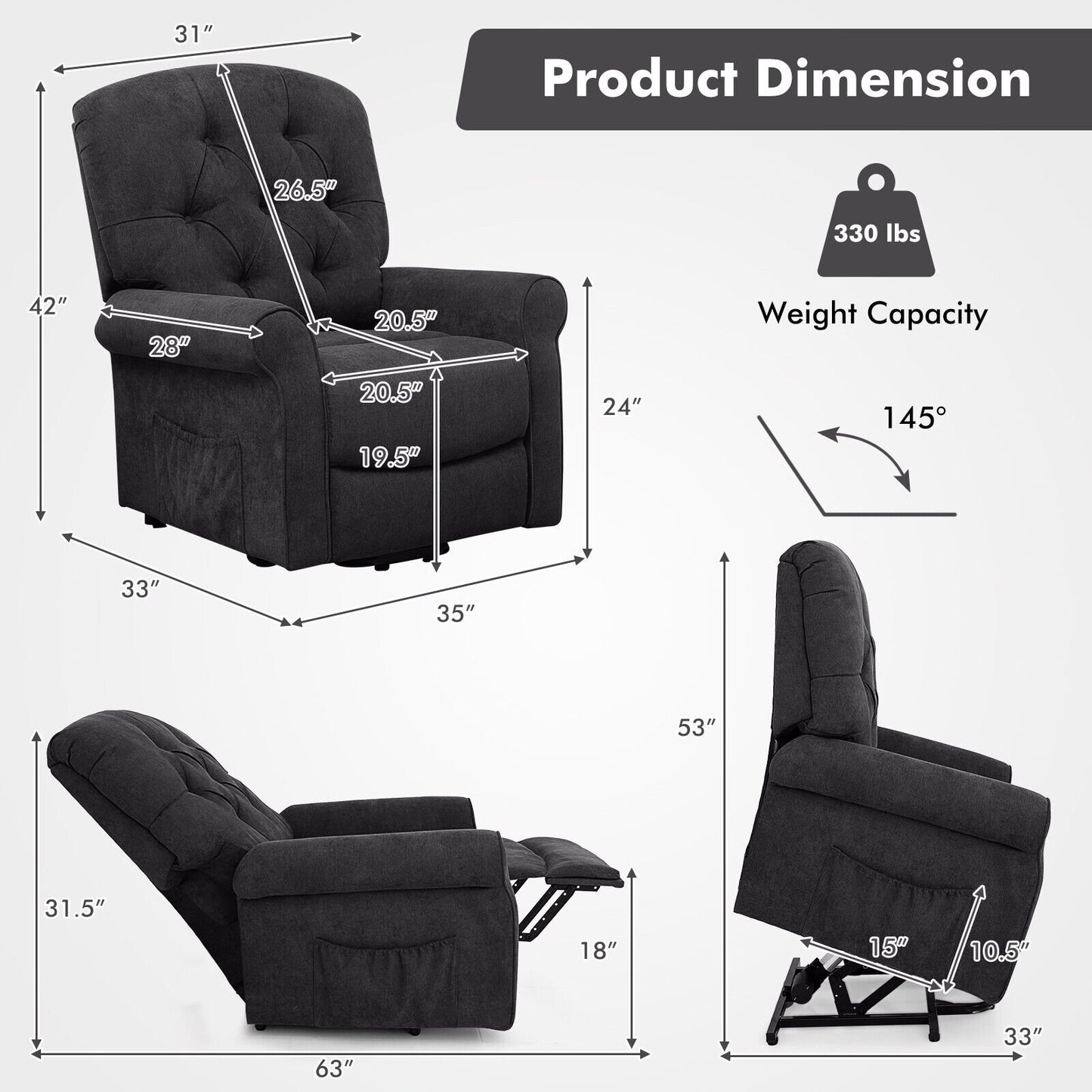 Recliner Chair Sofa for Elderly with Side Pocket and Remote Control, Black Recliners   at Gallery Canada