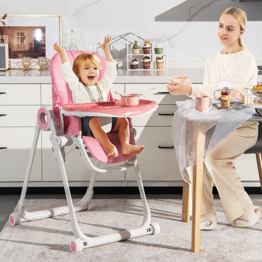 Baby High Chair Foldable Feeding Chair with 4 Lockable Wheels, Pink High Chairs Pink  at Gallery Canada