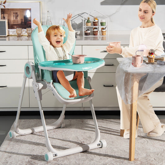 Baby High Chair Foldable Feeding Chair with 4 Lockable Wheels, Green High Chairs Green  at Gallery Canada