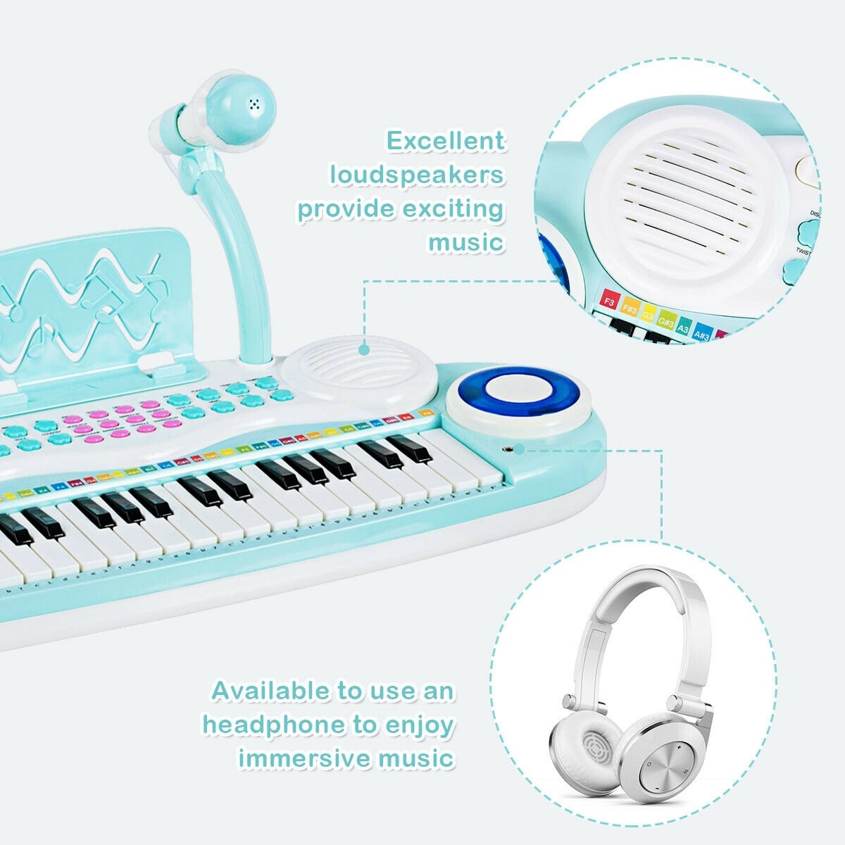 Multifunctional 37 Electric Keyboard Piano with Microphone, Blue Pianos & Keyboards   at Gallery Canada