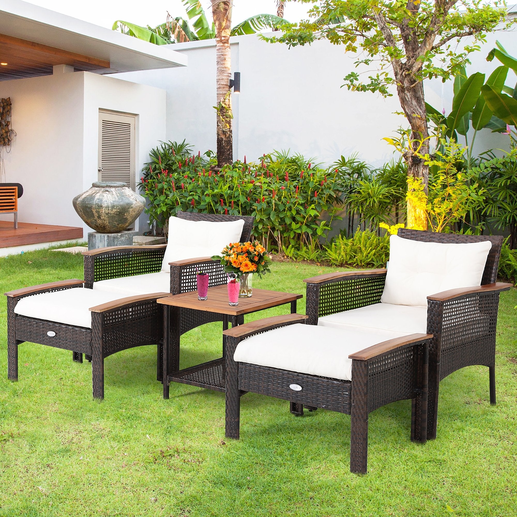 5 Pieces Patio Rattan Furniture Set with Acacia Wood Table, White Patio Conversation Sets   at Gallery Canada