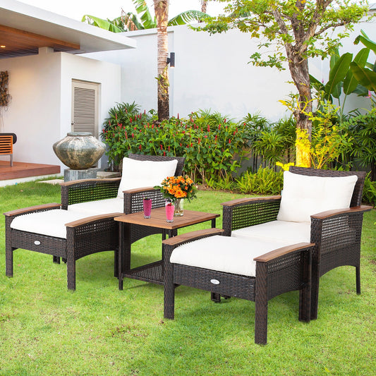 5 Pieces Patio Rattan Furniture Set with Acacia Wood Table, White - Gallery Canada