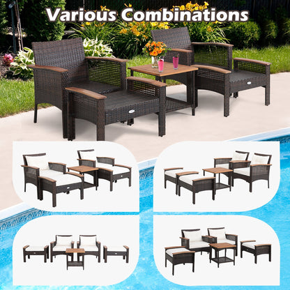 5 Pieces Patio Rattan Furniture Set with Acacia Wood Table, White Patio Conversation Sets   at Gallery Canada