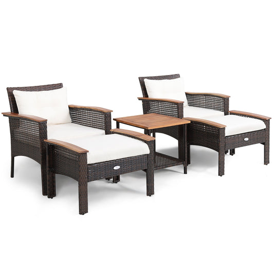 5 Pieces Patio Rattan Furniture Set with Acacia Wood Table, White Patio Conversation Sets   at Gallery Canada