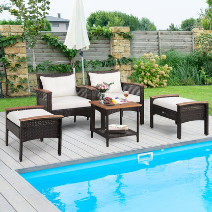 5 Pieces Patio Rattan Furniture Set with Acacia Wood Table, White Patio Conversation Sets   at Gallery Canada