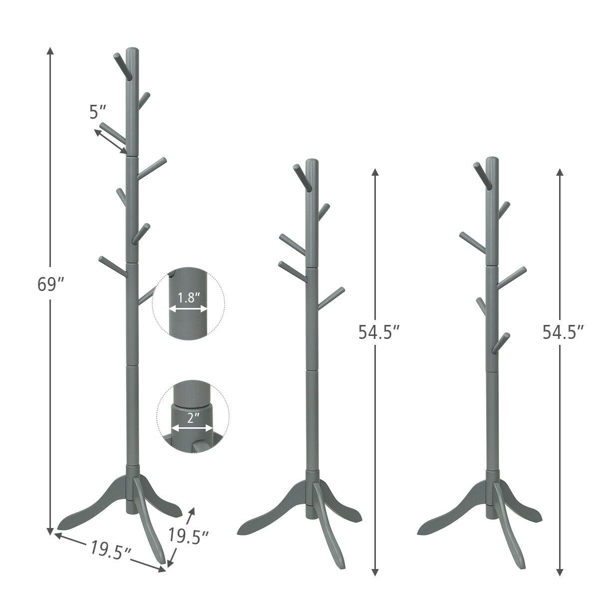 Adjustable Wooden Tree Coat Rack with 8 Hooks, Gray Coat Racks & Hall Trees   at Gallery Canada