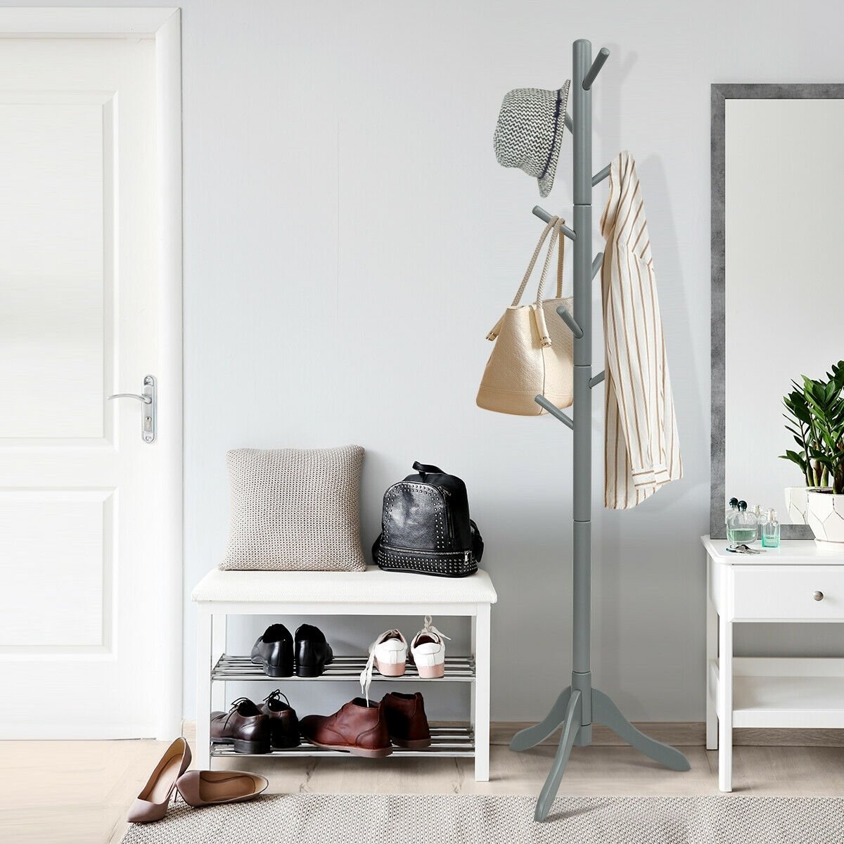 Adjustable Wooden Tree Coat Rack with 8 Hooks, Gray Coat Racks & Hall Trees   at Gallery Canada