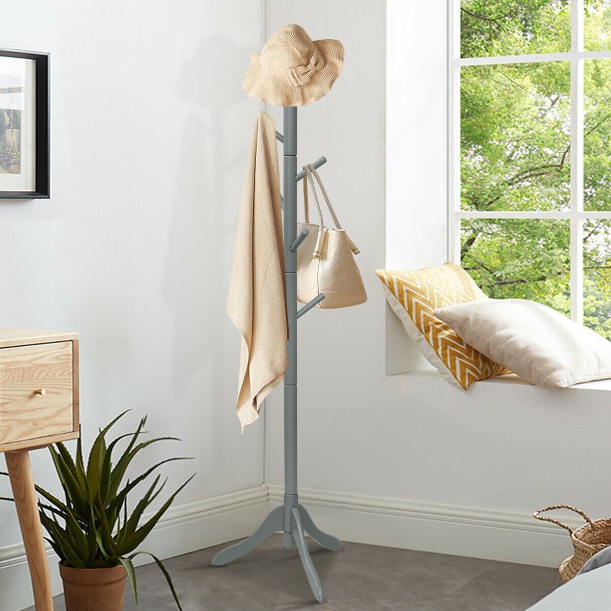 Adjustable Wooden Tree Coat Rack with 8 Hooks, Gray Coat Racks & Hall Trees   at Gallery Canada