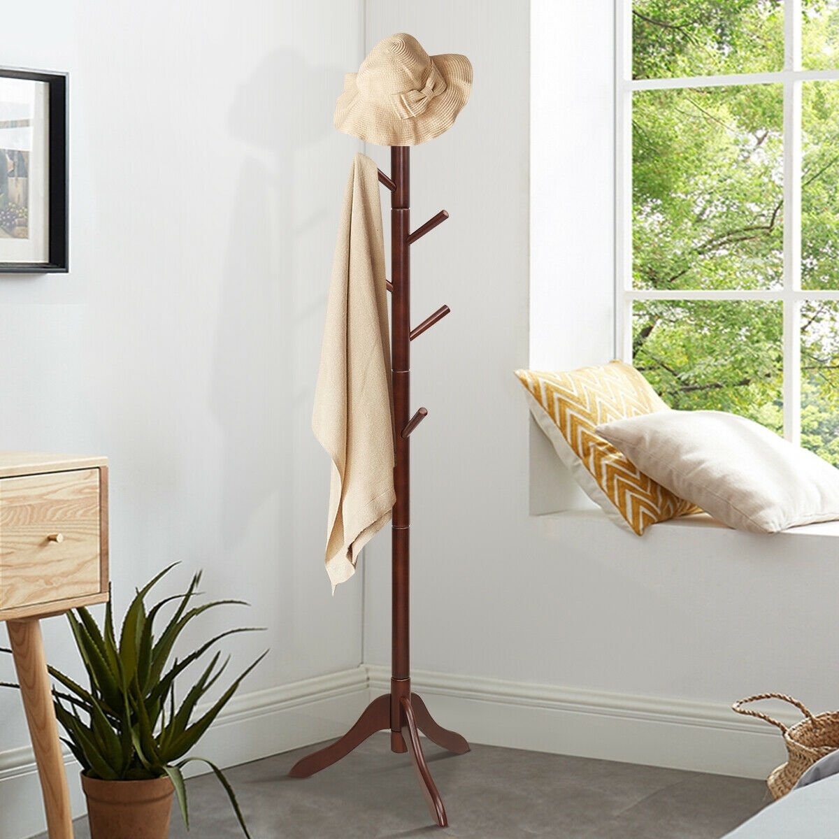 Adjustable Wooden Tree Coat Rack with 8 Hooks, Brown Coat Racks & Hall Trees   at Gallery Canada