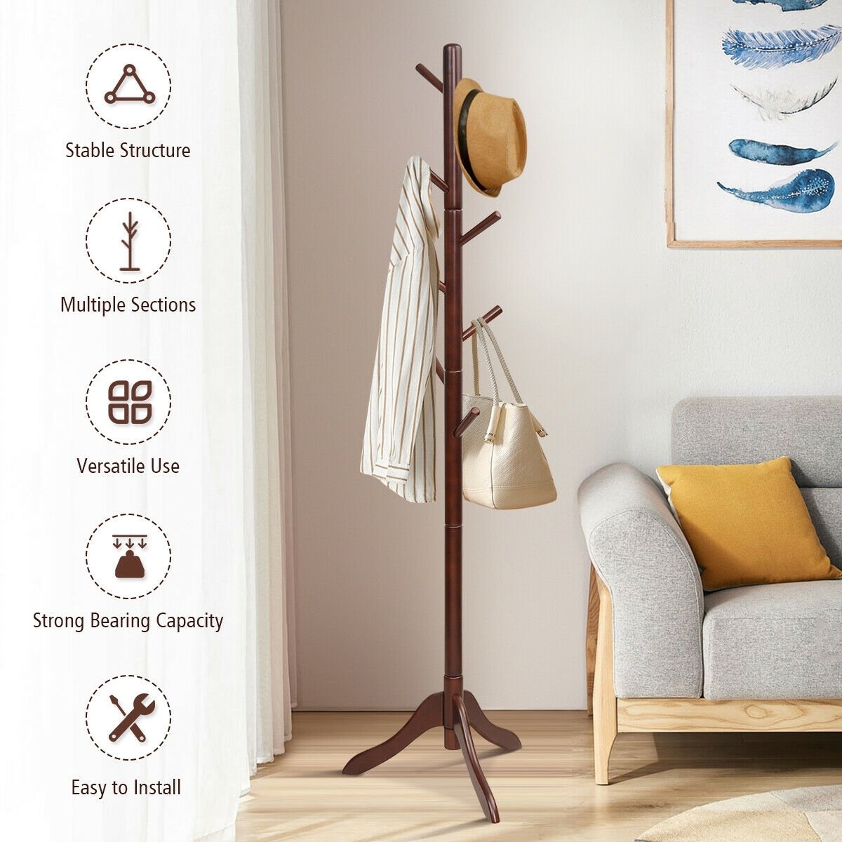 Adjustable Wooden Tree Coat Rack with 8 Hooks, Brown Coat Racks & Hall Trees   at Gallery Canada