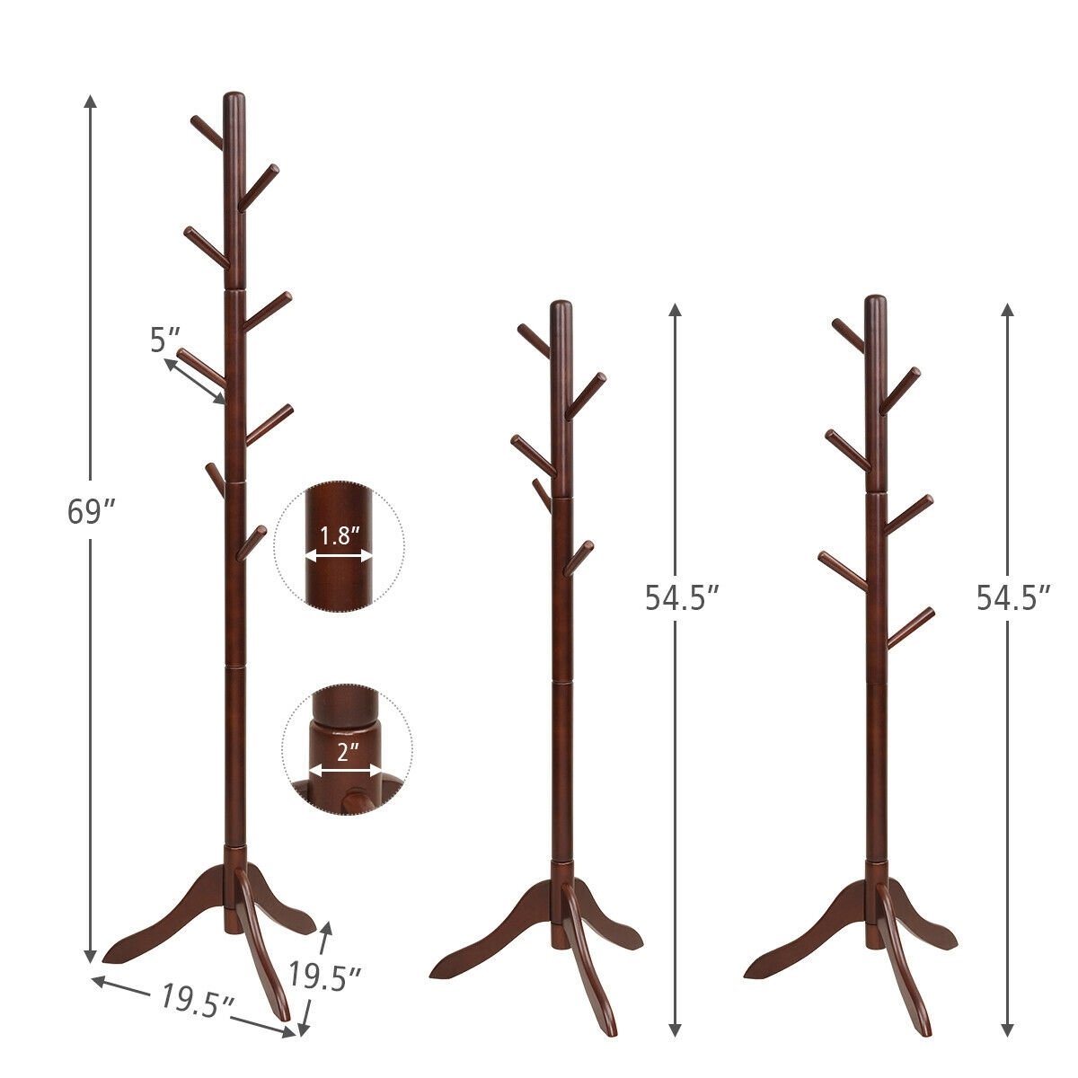 Adjustable Wooden Tree Coat Rack with 8 Hooks, Brown Coat Racks & Hall Trees   at Gallery Canada