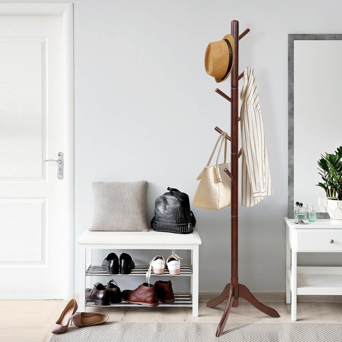 Adjustable Wooden Tree Coat Rack with 8 Hooks, Brown Coat Racks & Hall Trees   at Gallery Canada