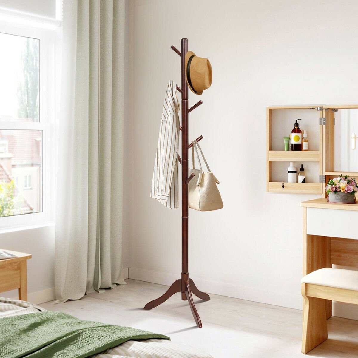 Adjustable Wooden Tree Coat Rack with 8 Hooks, Brown Coat Racks & Hall Trees   at Gallery Canada