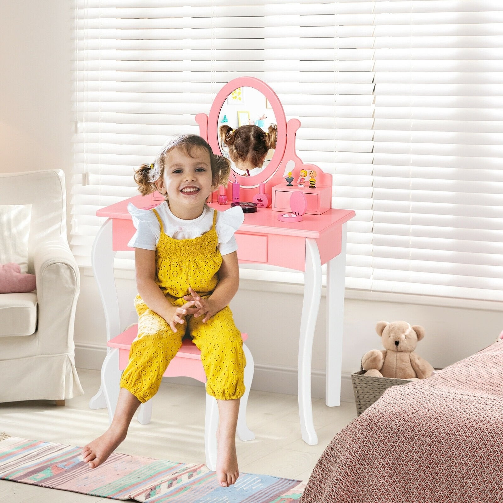 Kids Vanity Princess Makeup Dressing Table Stool Set with Mirror and Drawer, Pink Kids Vanities   at Gallery Canada