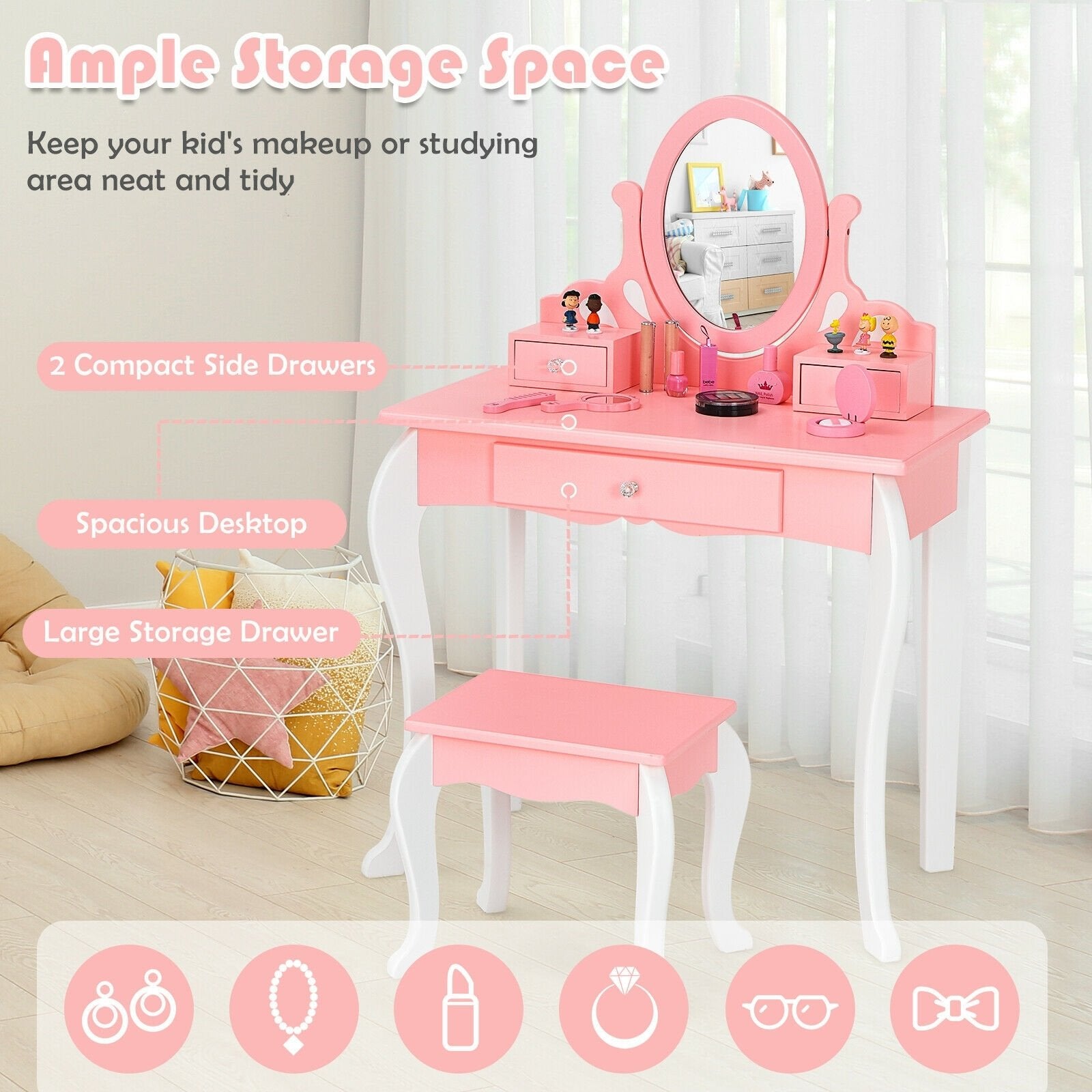 Kids Vanity Princess Makeup Dressing Table Stool Set with Mirror and Drawer, Pink Kids Vanities   at Gallery Canada