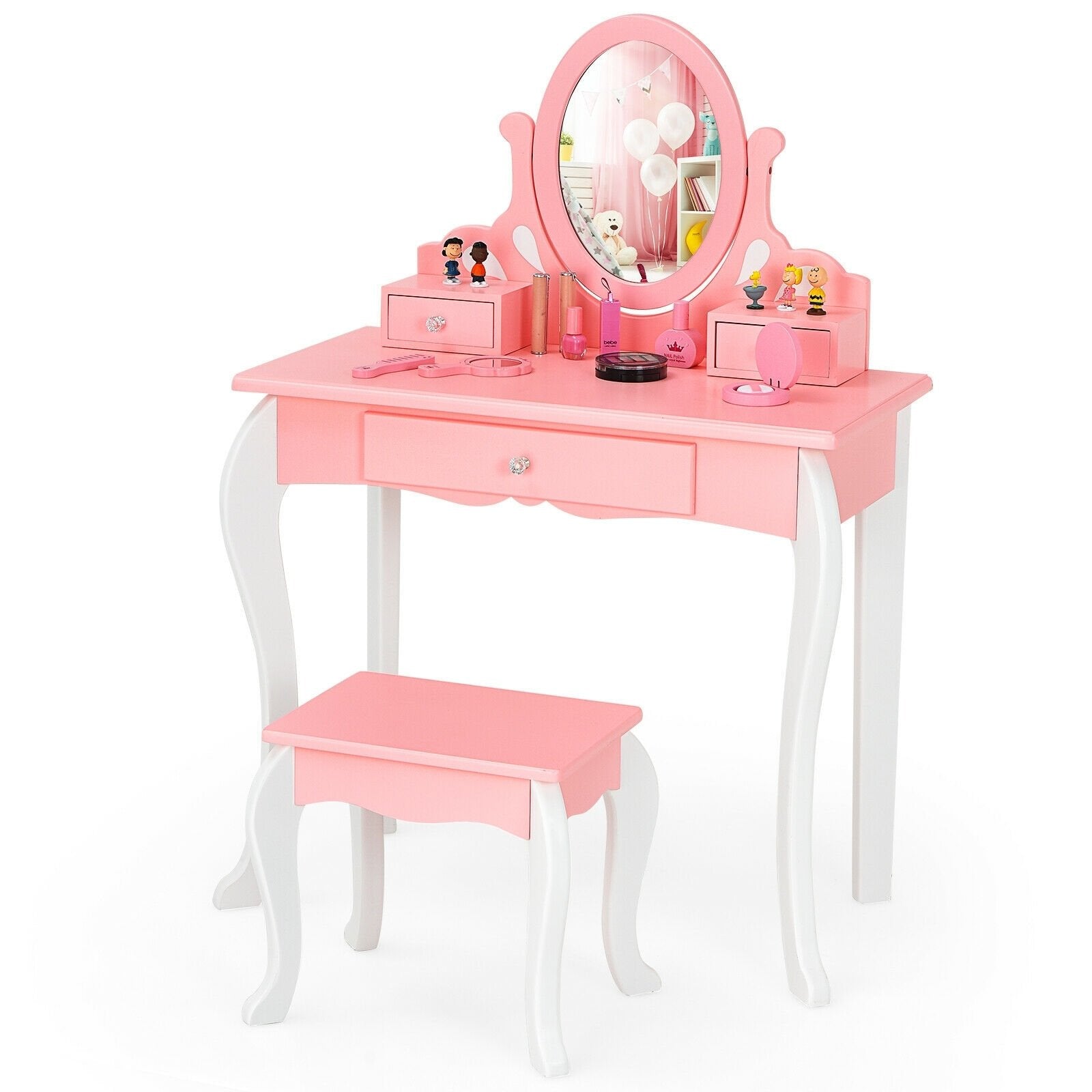 Kids Vanity Princess Makeup Dressing Table Stool Set with Mirror and Drawer, Pink Kids Vanities   at Gallery Canada