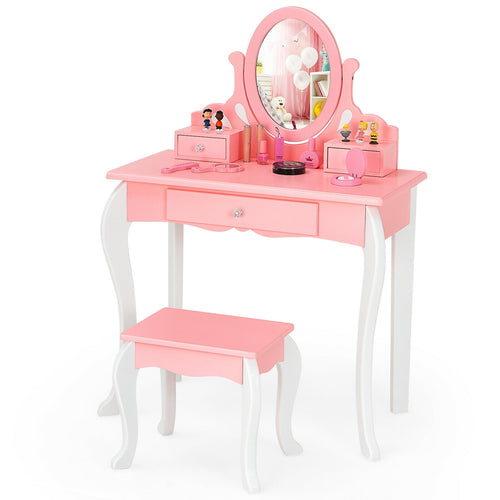 Kids Vanity Princess Makeup Dressing Table Stool Set with Mirror and Drawer, Pink