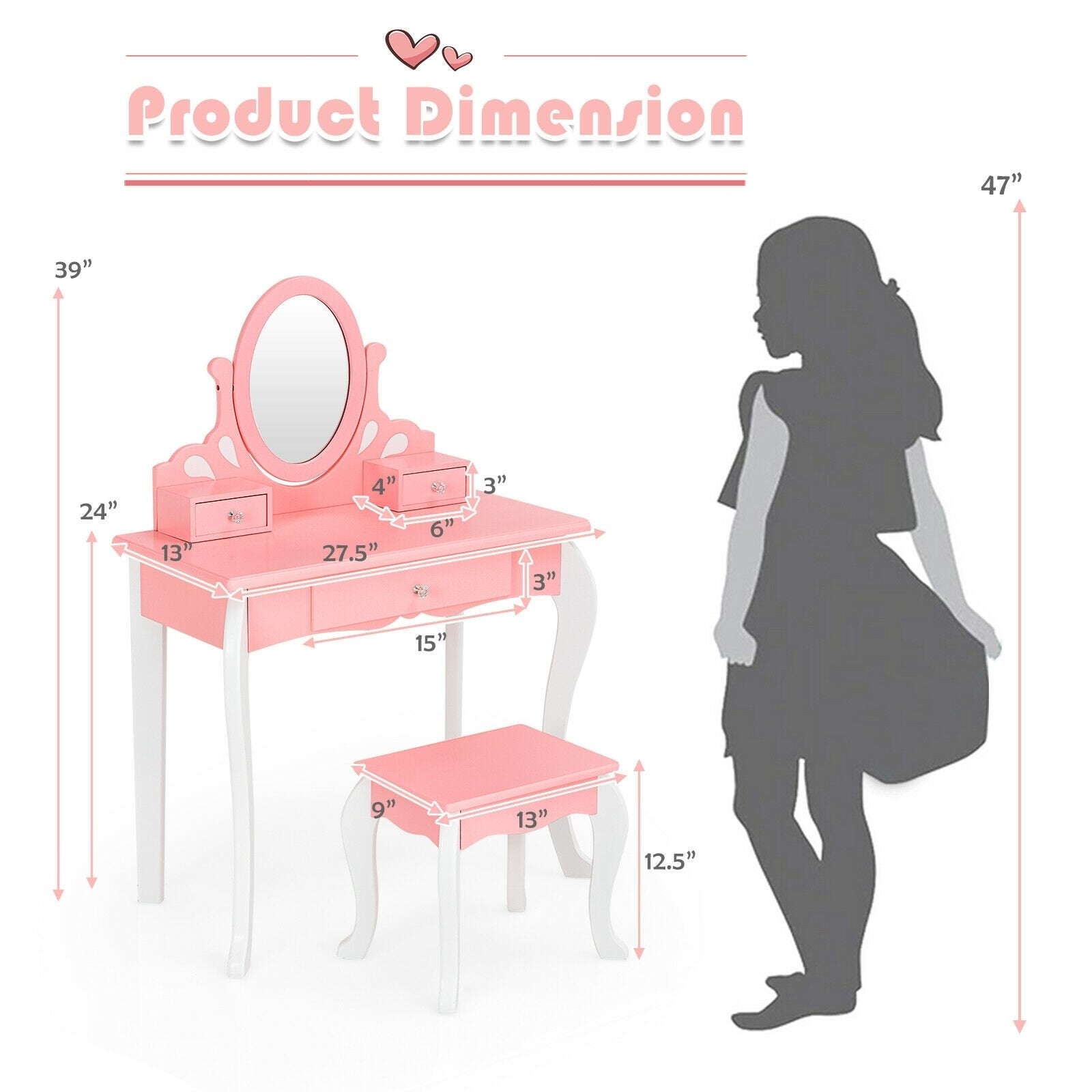 Kids Vanity Princess Makeup Dressing Table Stool Set with Mirror and Drawer, Pink Kids Vanities   at Gallery Canada