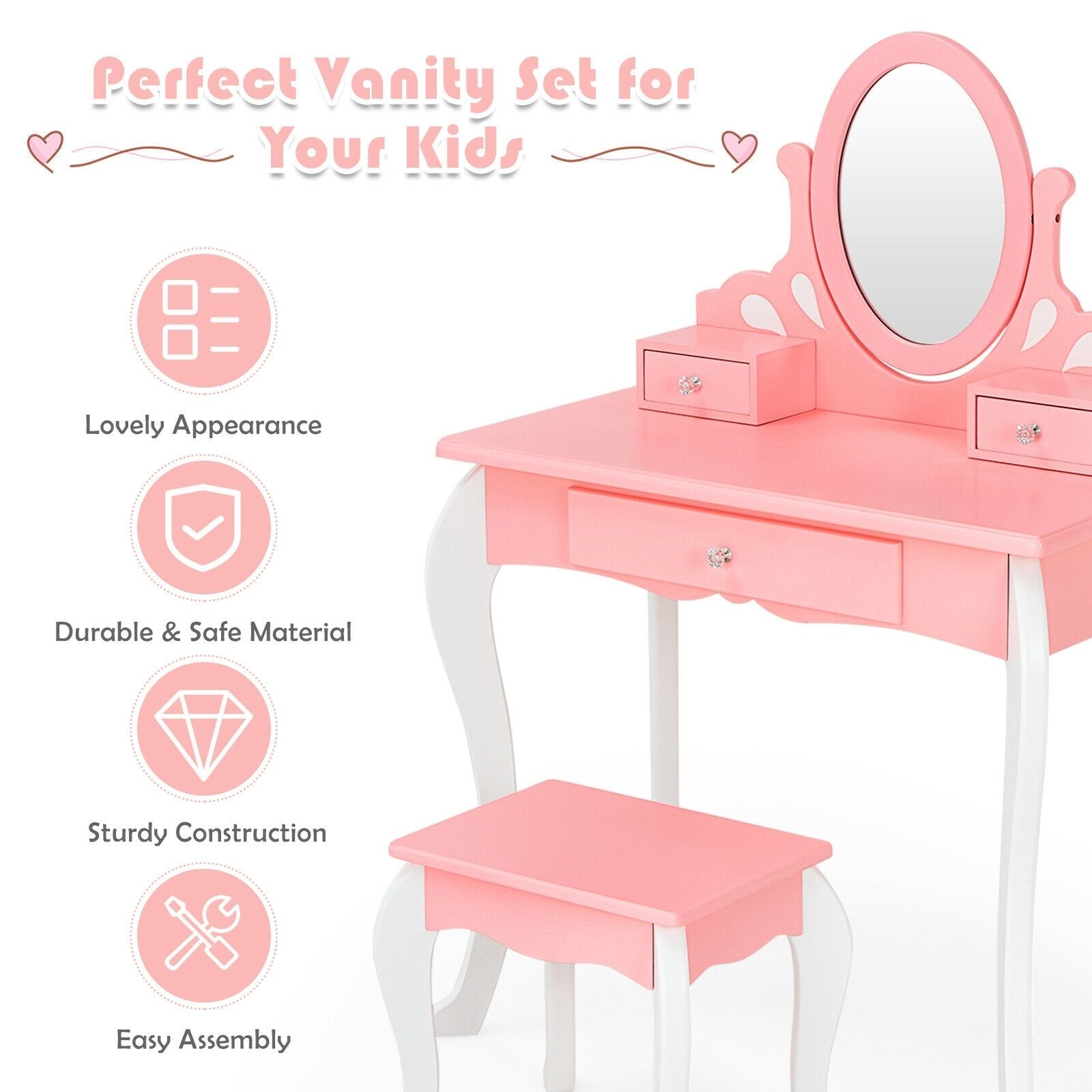 Kids Vanity Princess Makeup Dressing Table Stool Set with Mirror and Drawer, Pink Kids Vanities   at Gallery Canada