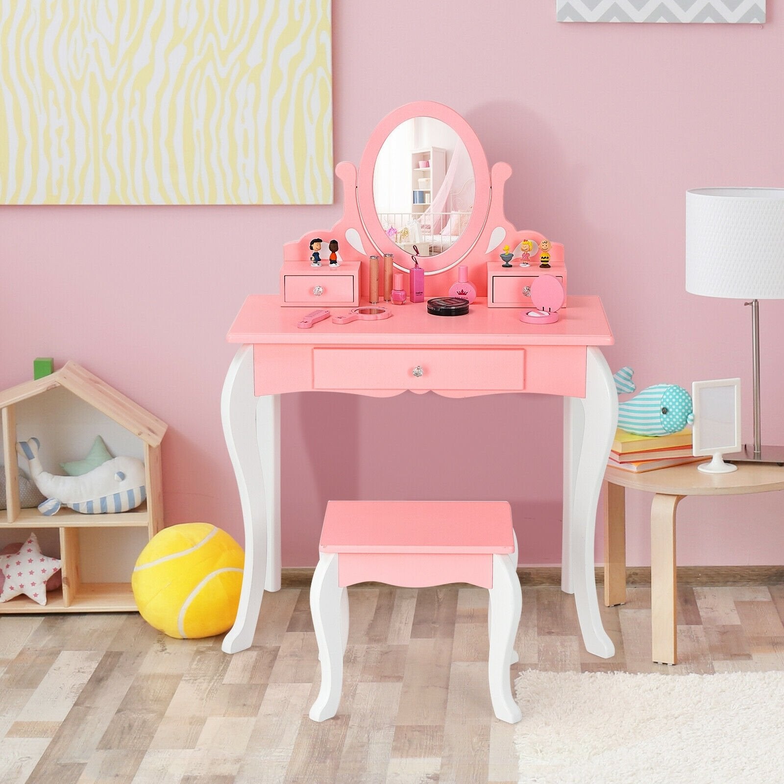 Kids Vanity Princess Makeup Dressing Table Stool Set with Mirror and Drawer, Pink Kids Vanities   at Gallery Canada