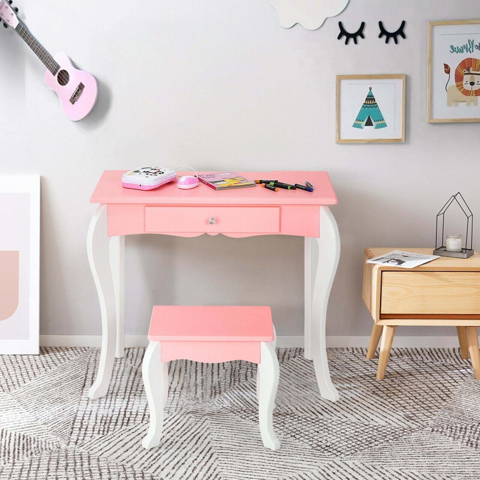 Kids Vanity Princess Makeup Dressing Table Stool Set with Mirror and Drawer, Pink Kids Vanities   at Gallery Canada