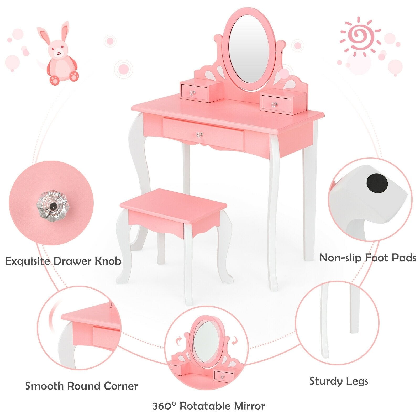 Kids Vanity Princess Makeup Dressing Table Stool Set with Mirror and Drawer, Pink Kids Vanities   at Gallery Canada