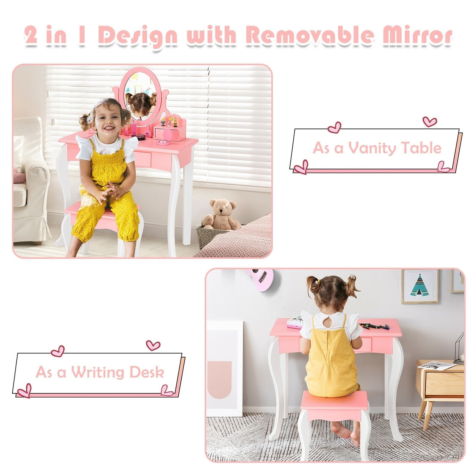 Kids Vanity Princess Makeup Dressing Table Stool Set with Mirror and Drawer, Pink Kids Vanities   at Gallery Canada