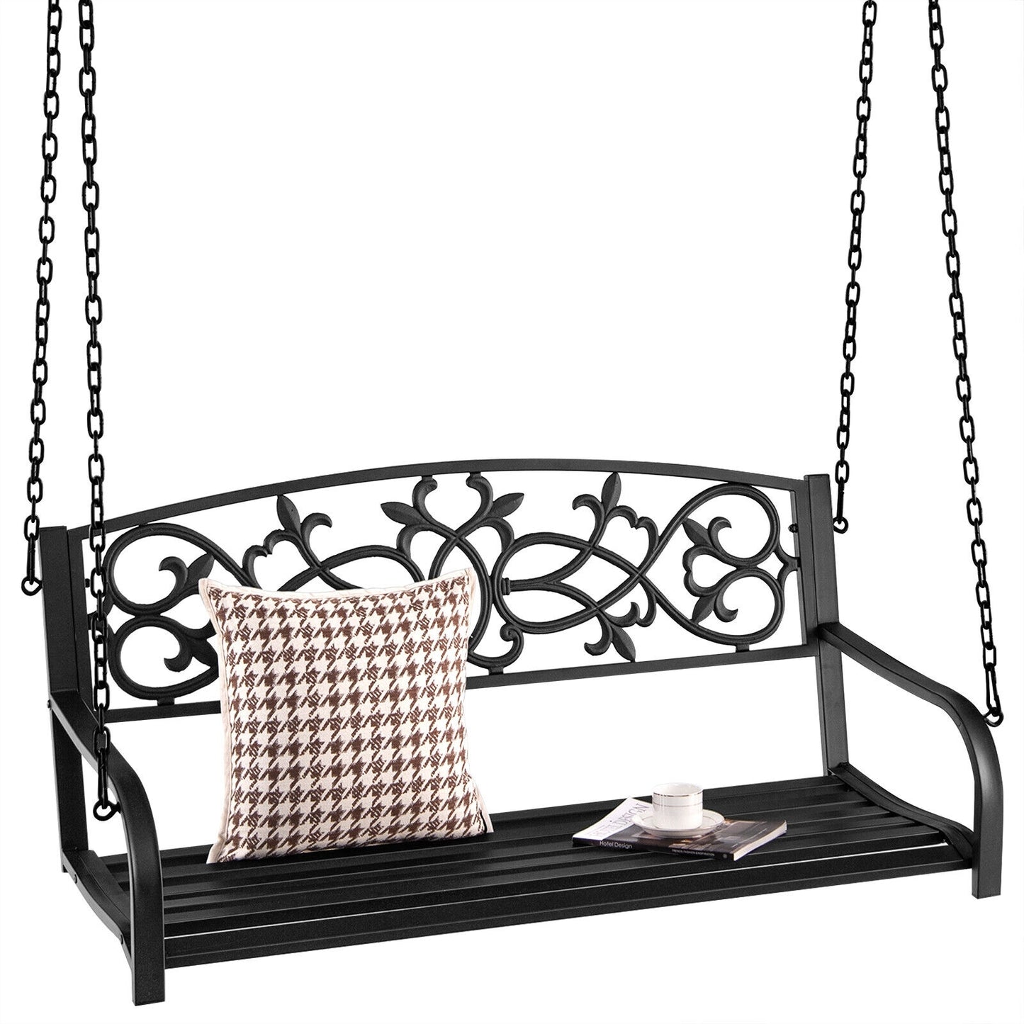 2-Person Outdoor Porch Metal Hanging Swing Chair with Sturdy Chains, Black - Gallery Canada
