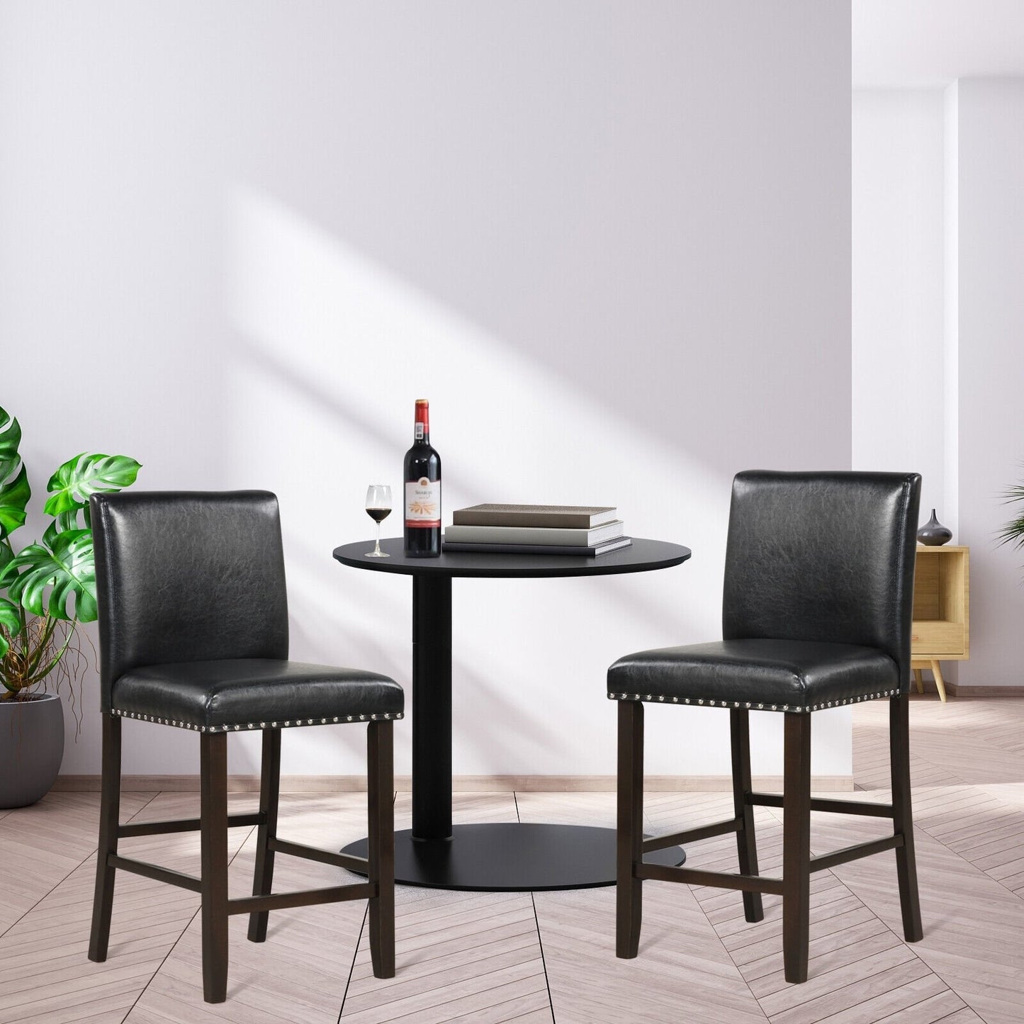 Set of 2 PVC Leather Bar Stools with Back for Kitchen Island, Black Bar Stools   at Gallery Canada