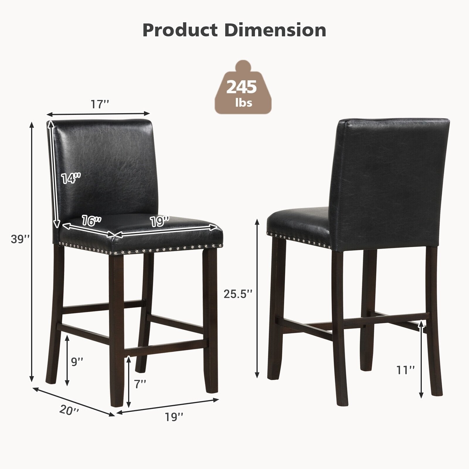 Set of 2 PVC Leather Bar Stools with Back for Kitchen Island, Black Bar Stools   at Gallery Canada