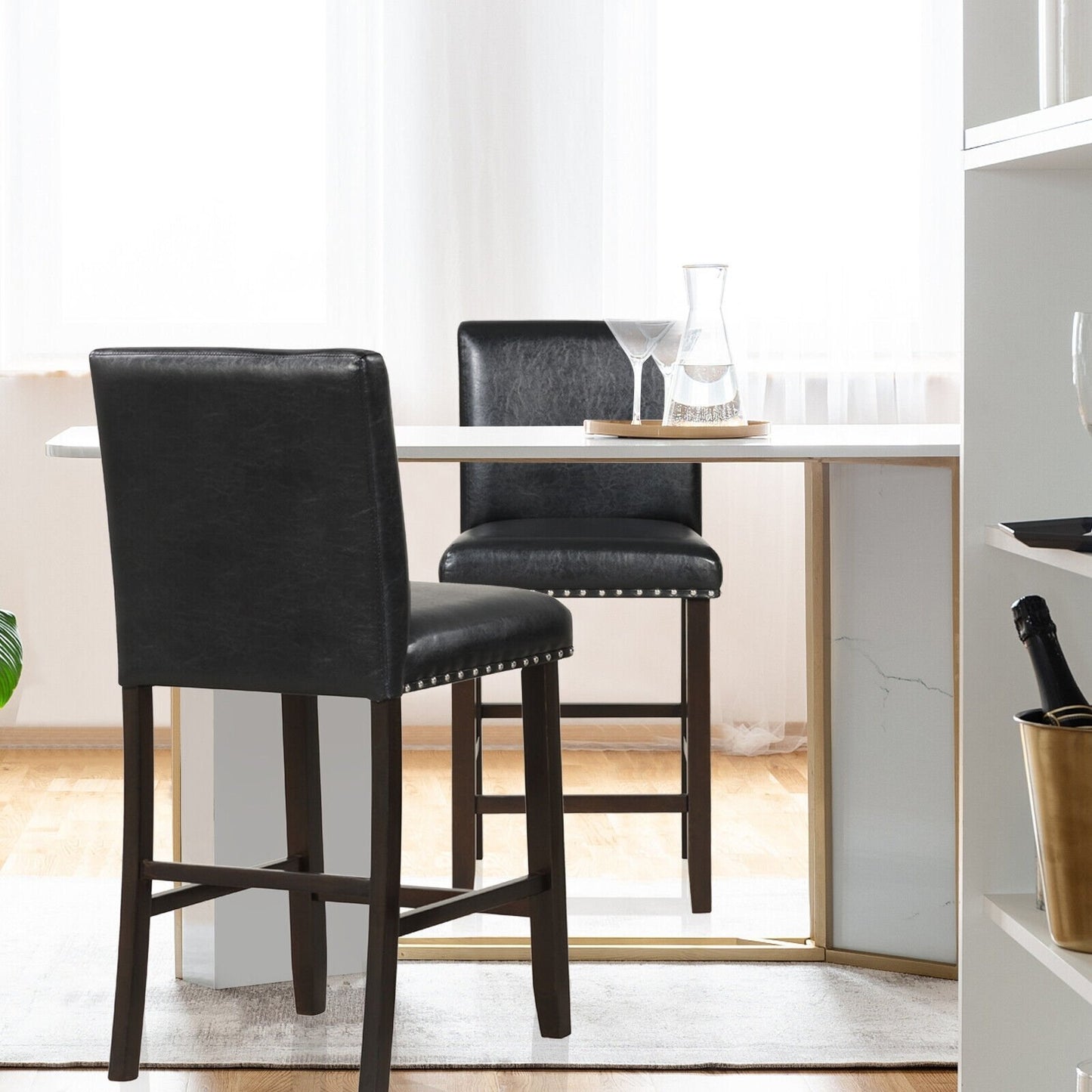 Set of 2 PVC Leather Bar Stools with Back for Kitchen Island, Black Bar Stools   at Gallery Canada