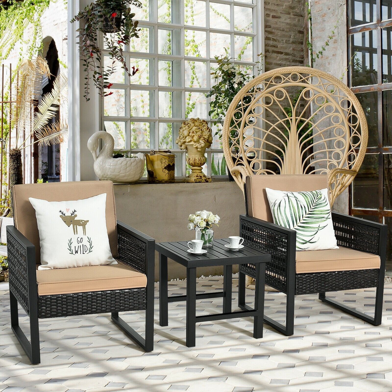 3 Pieces Patio Rattan Bistro Cushioned Furniture Set, Brown Patio Conversation Sets   at Gallery Canada