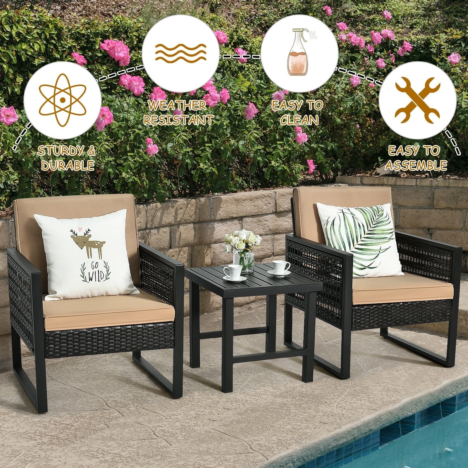 3 Pieces Patio Rattan Bistro Cushioned Furniture Set, Brown Patio Conversation Sets   at Gallery Canada