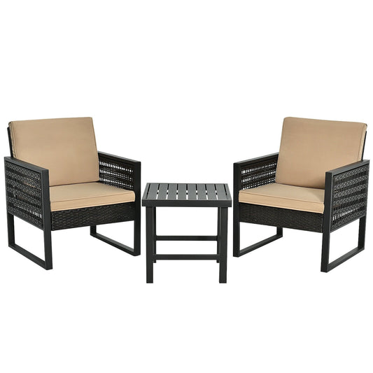 3 Pieces Patio Rattan Bistro Cushioned Furniture Set, Brown - Gallery Canada