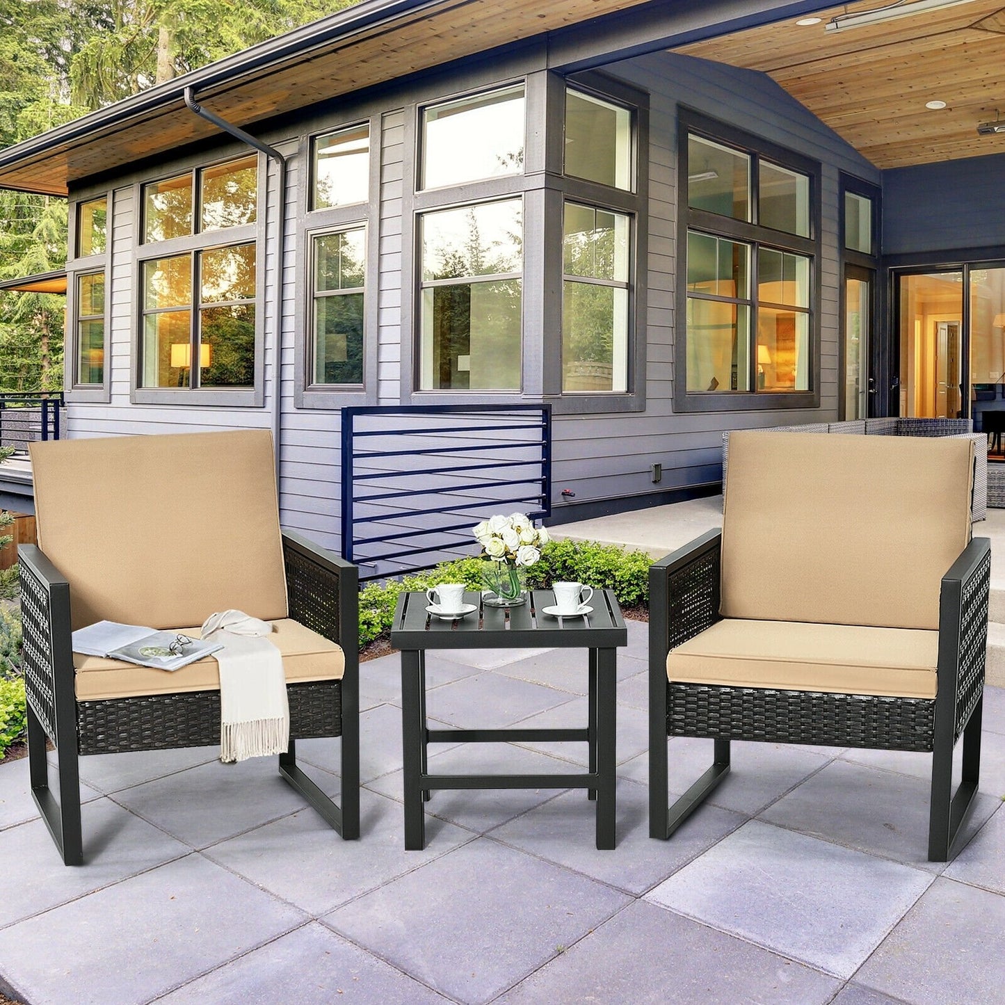 3 Pieces Patio Rattan Bistro Cushioned Furniture Set, Brown Patio Conversation Sets   at Gallery Canada