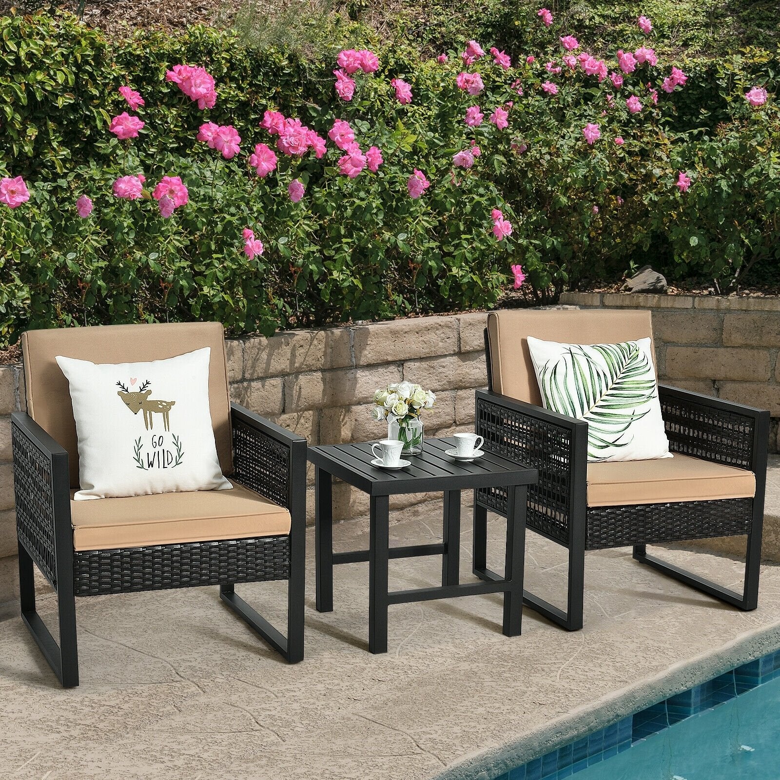 3 Pieces Patio Rattan Bistro Cushioned Furniture Set, Brown Patio Conversation Sets   at Gallery Canada