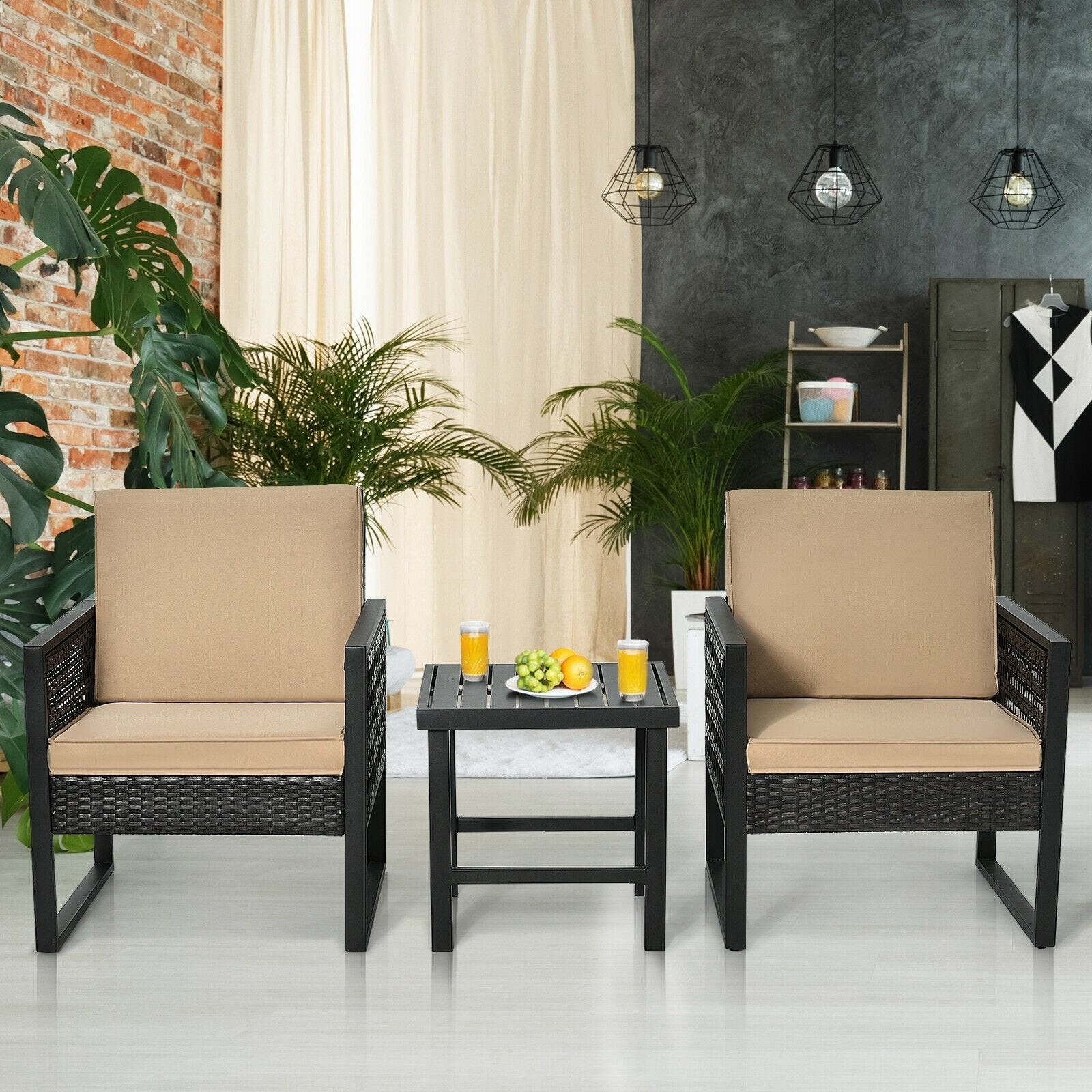 3 Pieces Patio Rattan Bistro Cushioned Furniture Set, Brown Patio Conversation Sets   at Gallery Canada