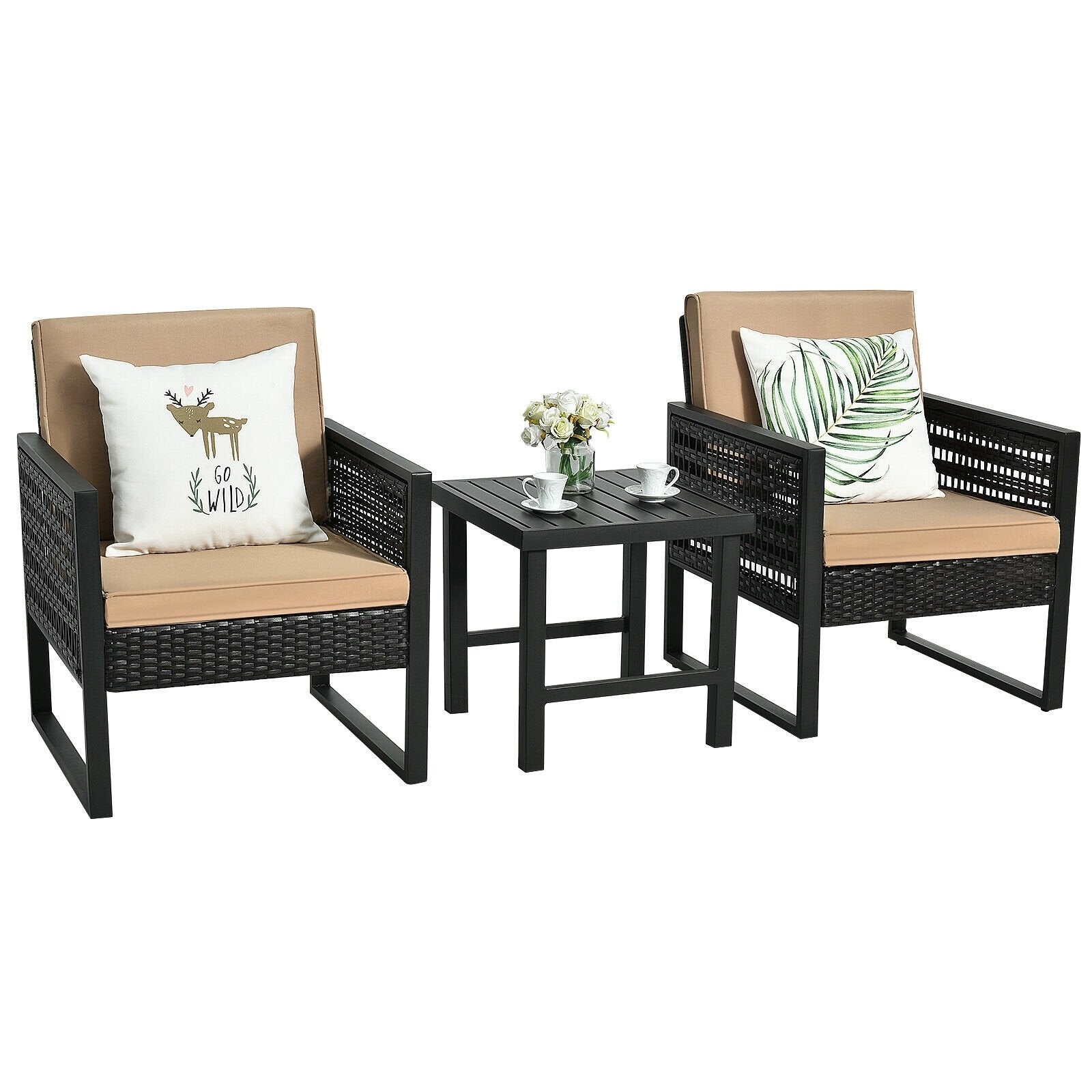 3 Pieces Patio Rattan Bistro Cushioned Furniture Set, Brown Patio Conversation Sets   at Gallery Canada