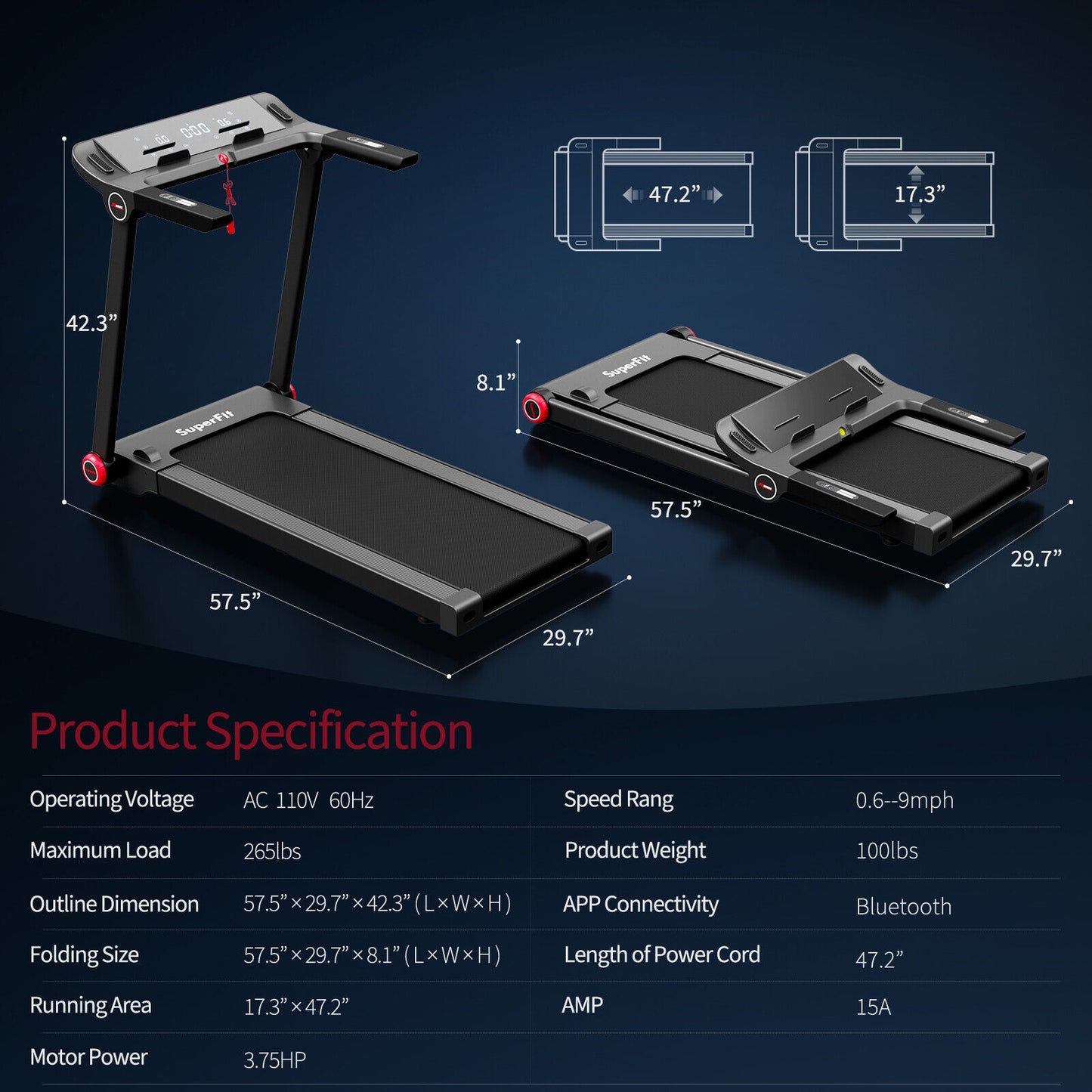 3.75HP Folding Treadmill Electric Running Machine with Bluetooth APP Self-standing, Black Treadmills   at Gallery Canada