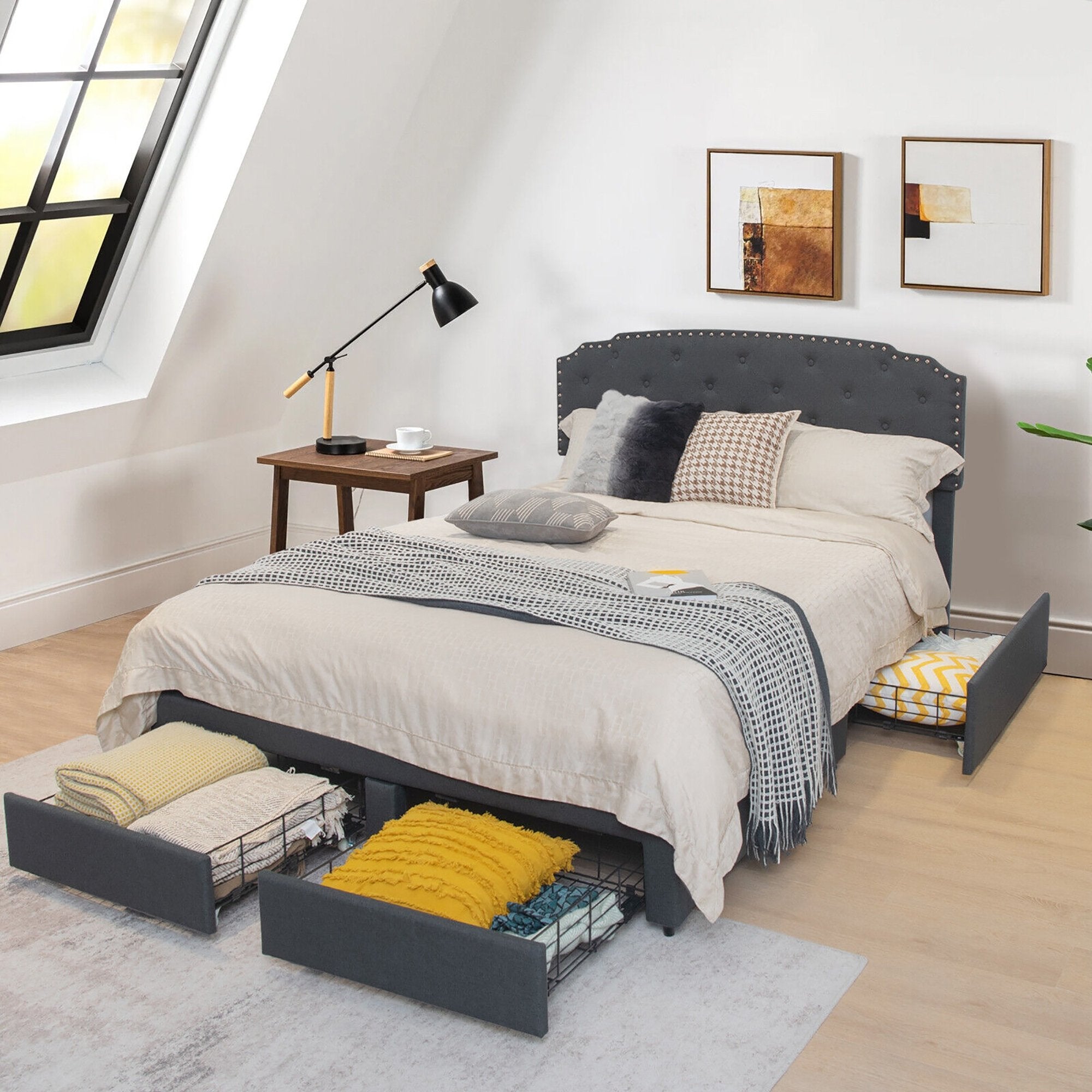 Platform Bed Frame with 4 Storage Drawers Adjustable Headboard-Queen Size, Gray Simple Bed Frame   at Gallery Canada