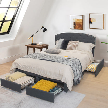 Platform Bed Frame with 4 Storage Drawers Adjustable Headboard-Queen Size, Gray - Gallery Canada