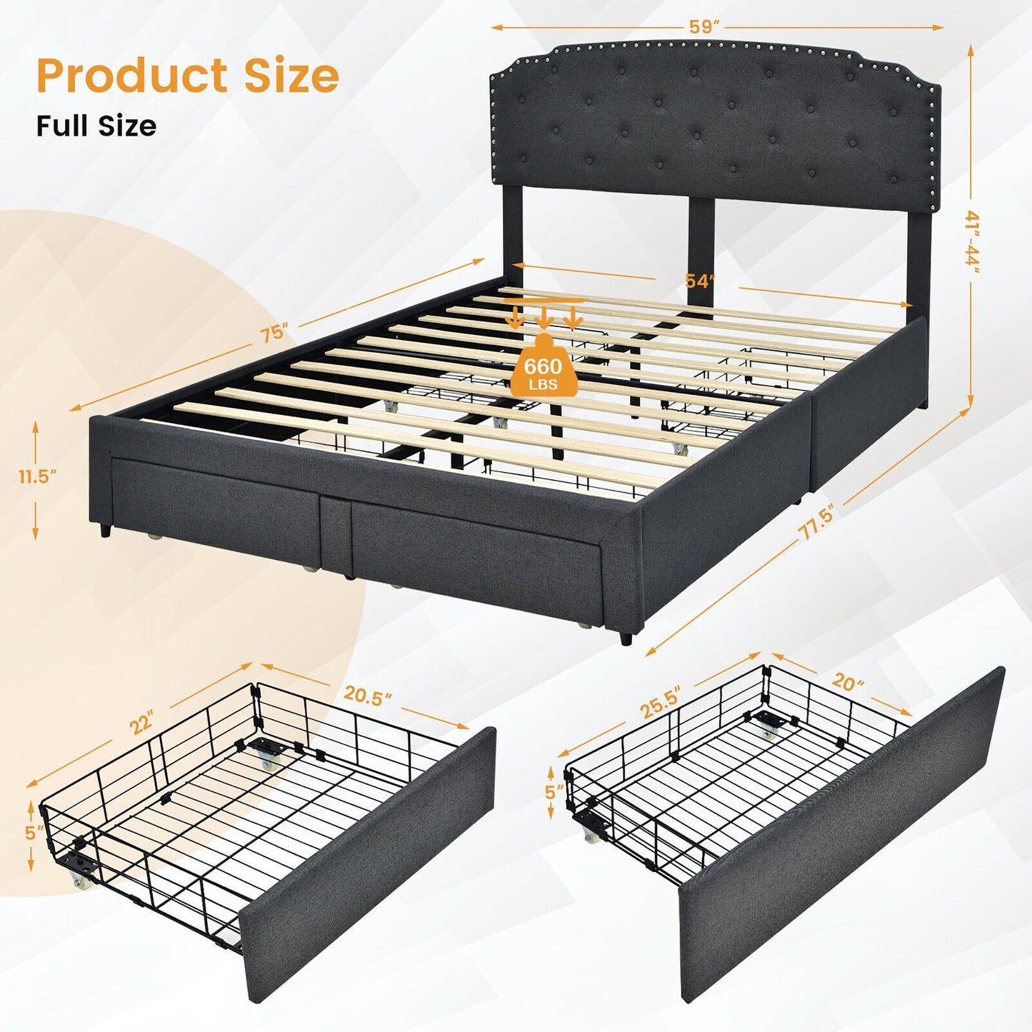 Platform Bed Frame with 4 Storage Drawers Adjustable Headboard-Queen Size, Gray - Gallery Canada