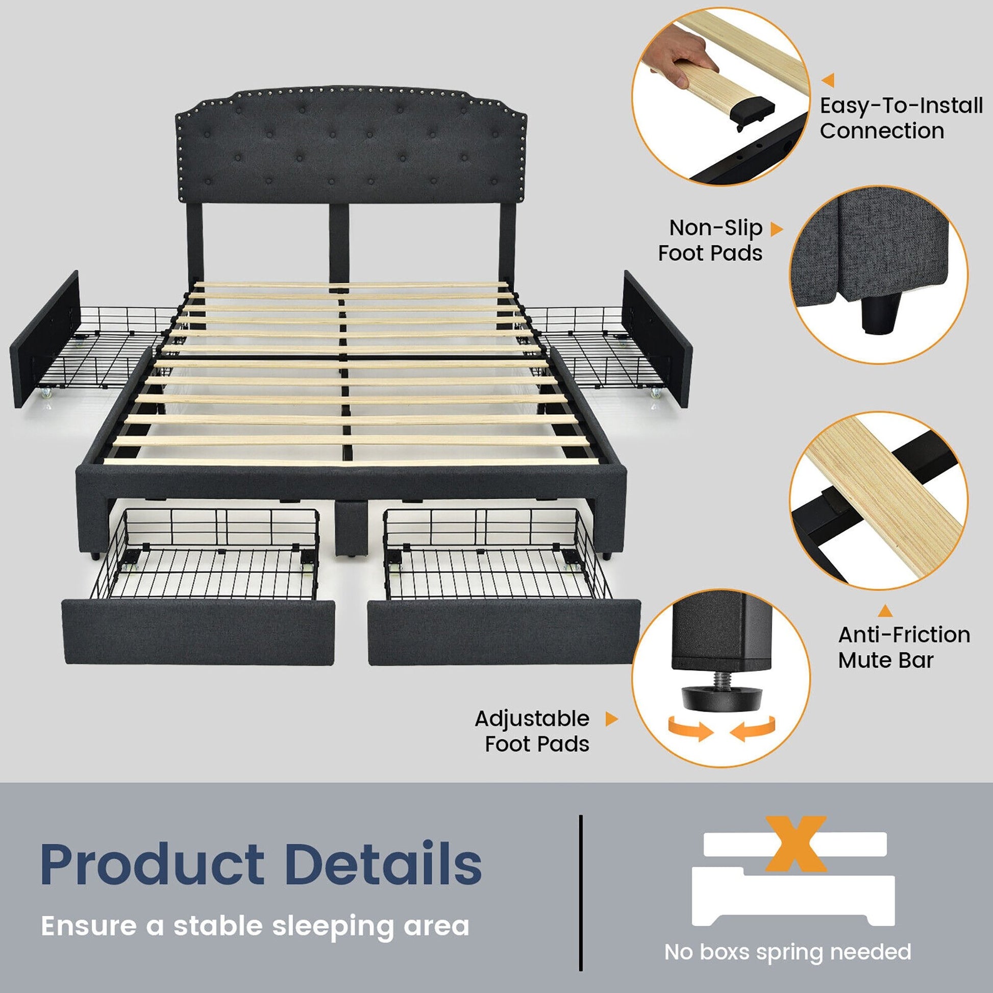 Platform Bed Frame with 4 Storage Drawers Adjustable Headboard-Queen Size, Gray Simple Bed Frame   at Gallery Canada