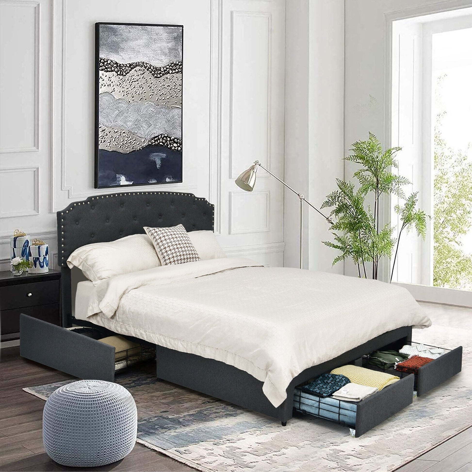 Platform Bed Frame with 4 Storage Drawers Adjustable Headboard-Queen Size, Gray Simple Bed Frame   at Gallery Canada