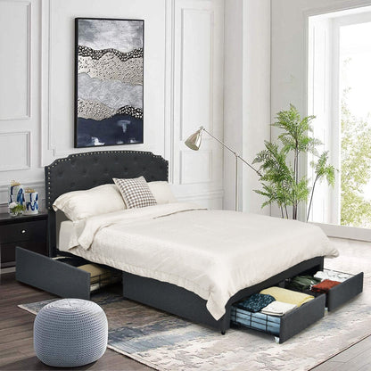 Platform Bed Frame with 4 Storage Drawers Adjustable Headboard-Queen Size, Gray - Gallery Canada