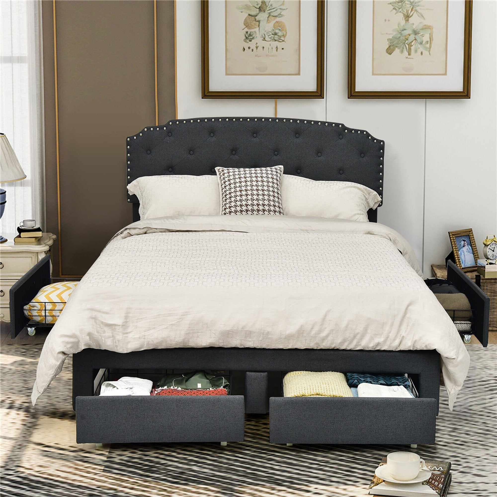 Platform Bed Frame with 4 Storage Drawers Adjustable Headboard-Queen Size, Gray Simple Bed Frame   at Gallery Canada