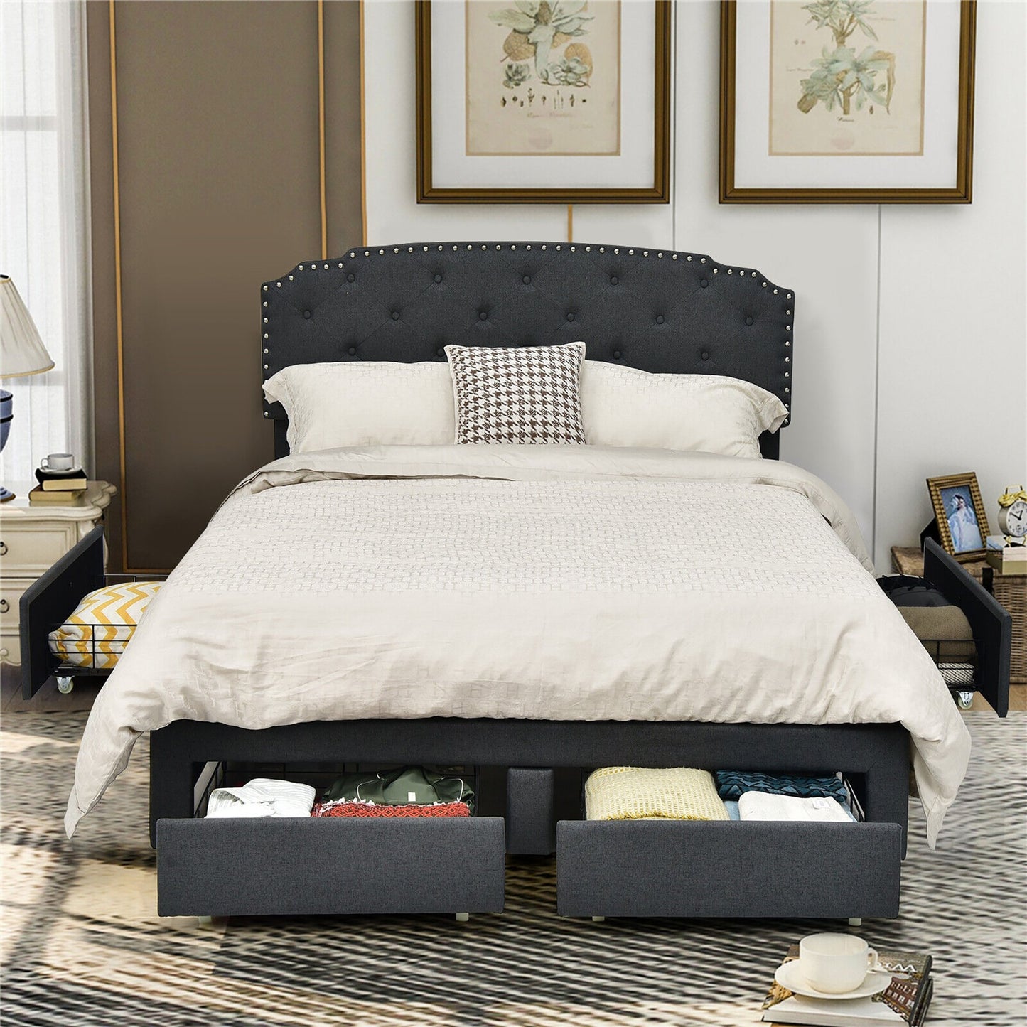 Platform Bed Frame with 4 Storage Drawers Adjustable Headboard-Queen Size, Gray - Gallery Canada